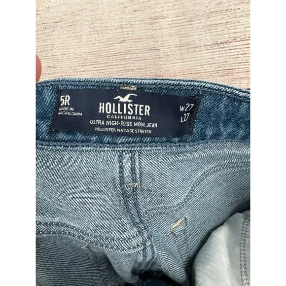 Hollister Patchwork Ultra High Rise Mom Jean Juniors 5R 27x27 Blue Medium Wash - Picture 6 of 8